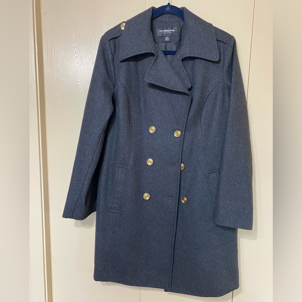 Liz Claiborne Charcoal Double-Breasted Pea Coat with Gold Buttons